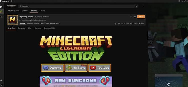 مادپک Legendary Edition برای ماینکرافت را از قسمت browse پیدا کرده و دانلود کنید.